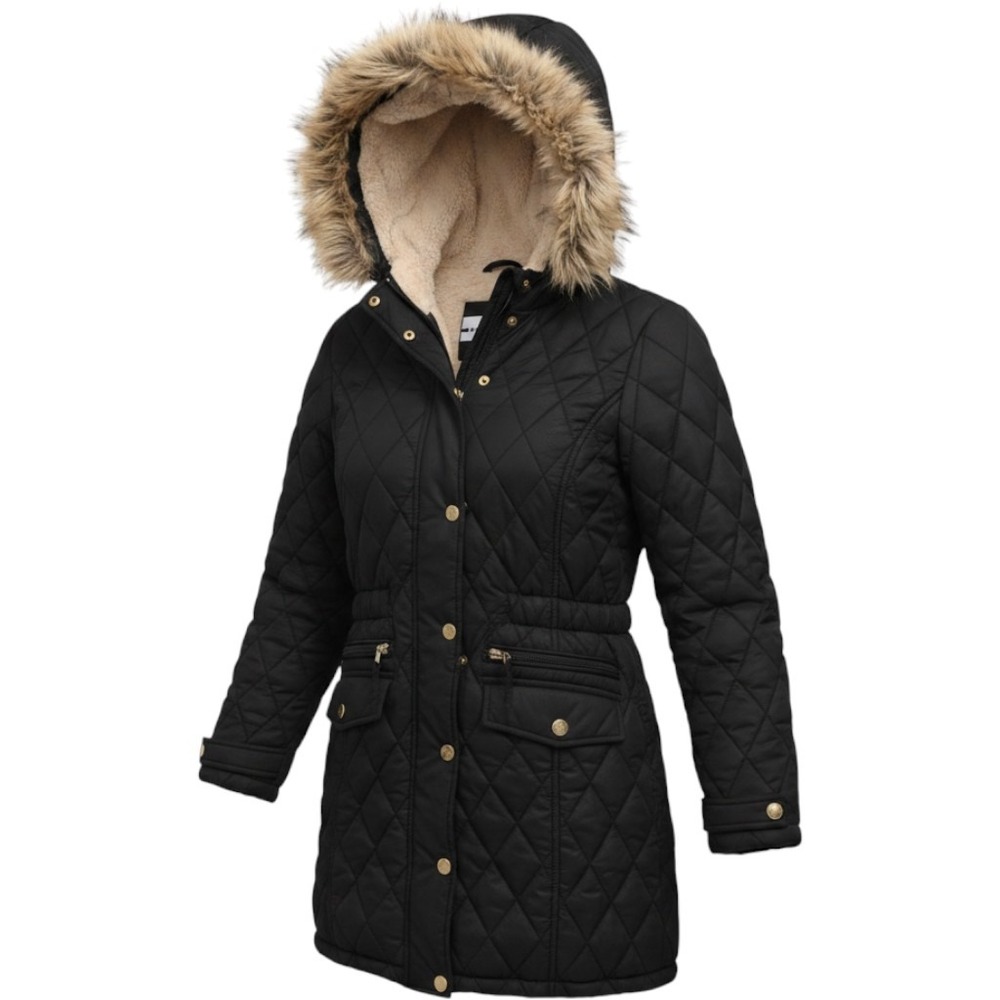 DKNY Sport Womens Black Quilted Puffer Jacket Faux Fur Lined Hooded Parka Coat